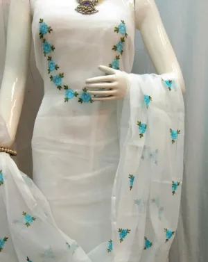 Kota Doriya Embroidery Work Suit In White