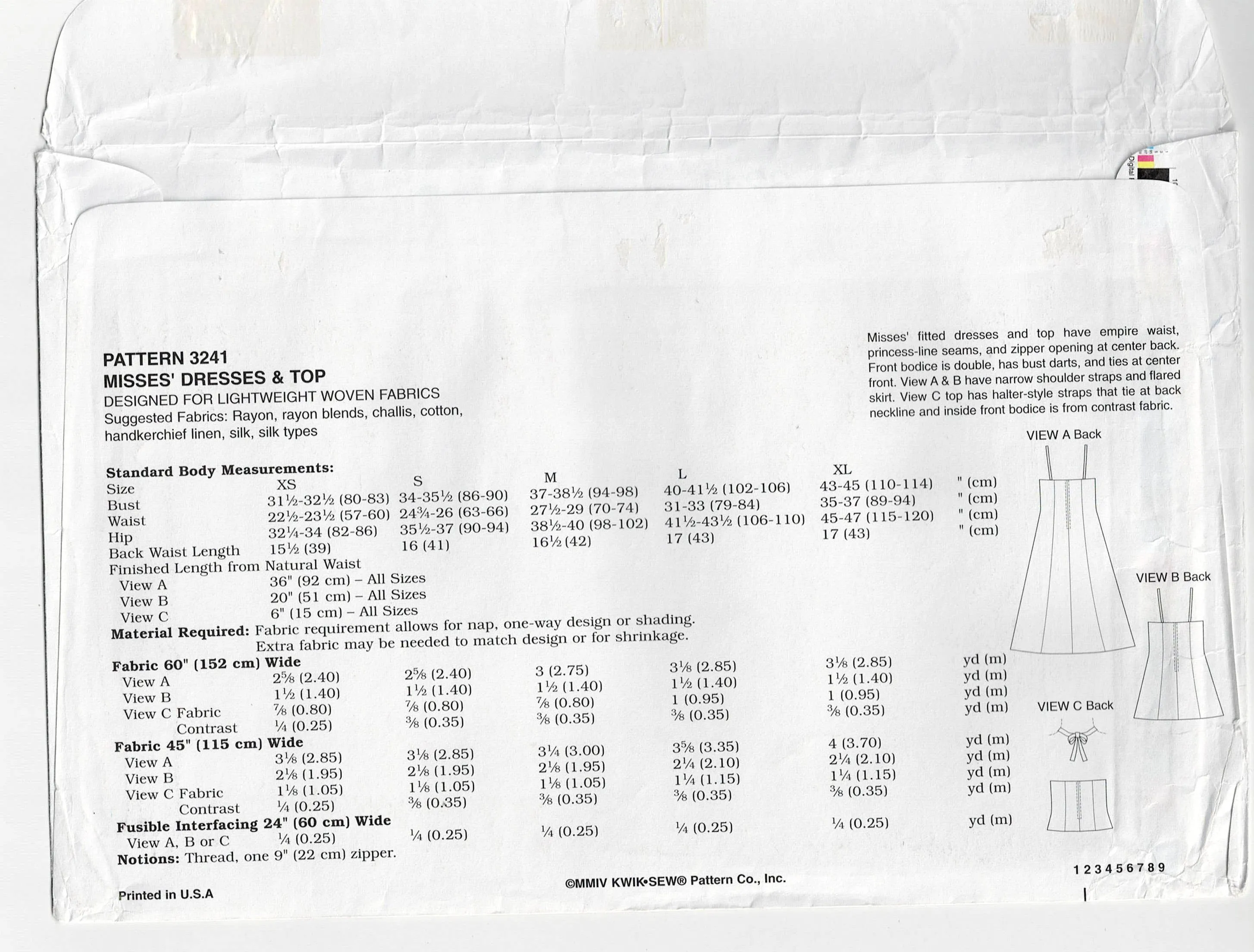 Kwik Sew 3241 Womens Empire Waisted Sundress & Halter Top Out Of Print Sewing Pattern Size XS - XL UNCUT Factory Folded