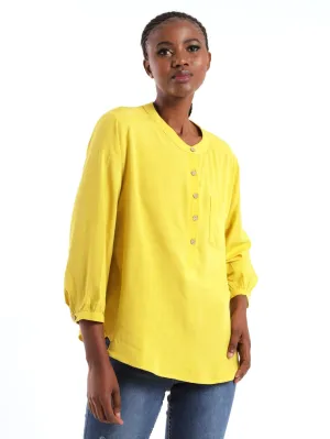 Ladies 3/4 Sleeve Henley Blouse - Chartreuse