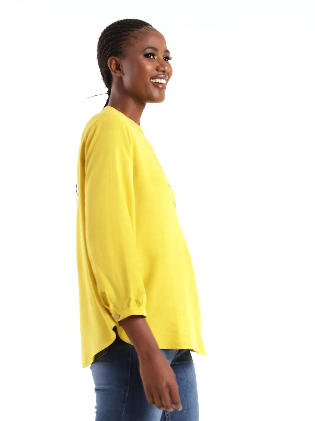 Ladies 3/4 Sleeve Henley Blouse - Chartreuse