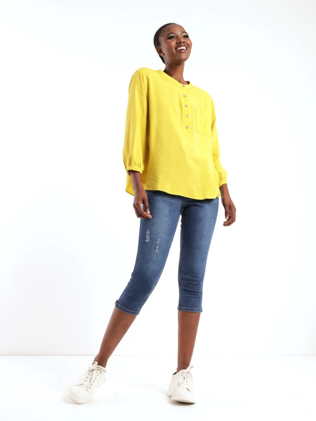 Ladies 3/4 Sleeve Henley Blouse - Chartreuse
