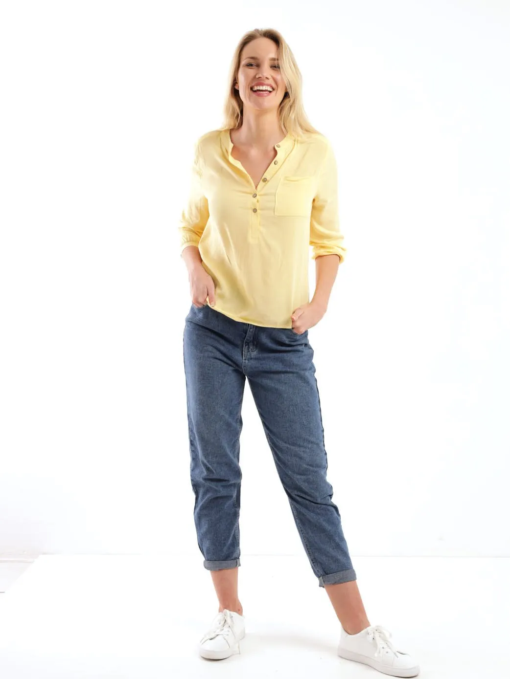 Ladies 3/4 Sleeve Henley Blouse - Light Yellow
