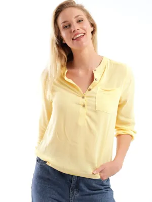 Ladies 3/4 Sleeve Henley Blouse - Light Yellow