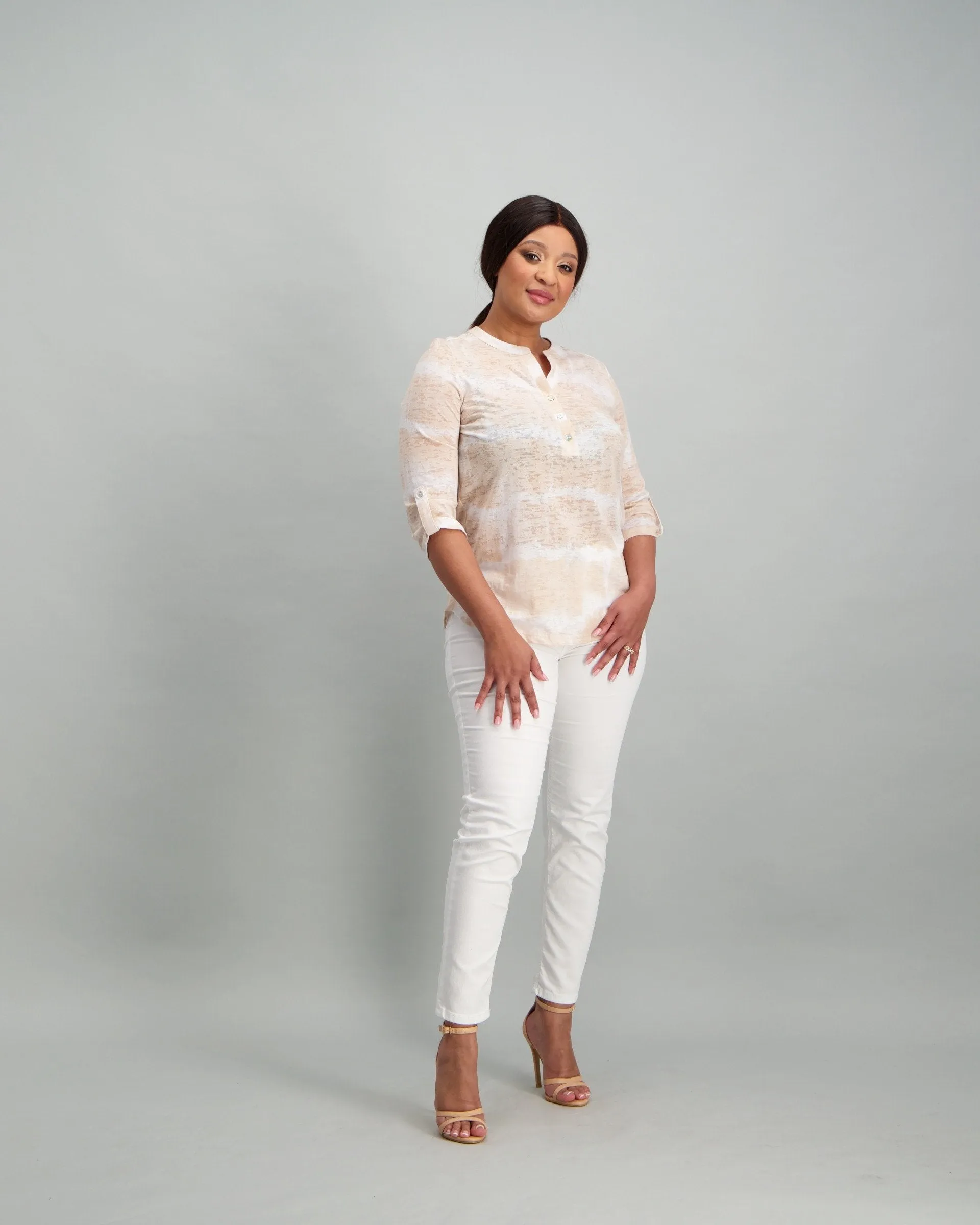 Ladies Burnout Henley Top - Stone