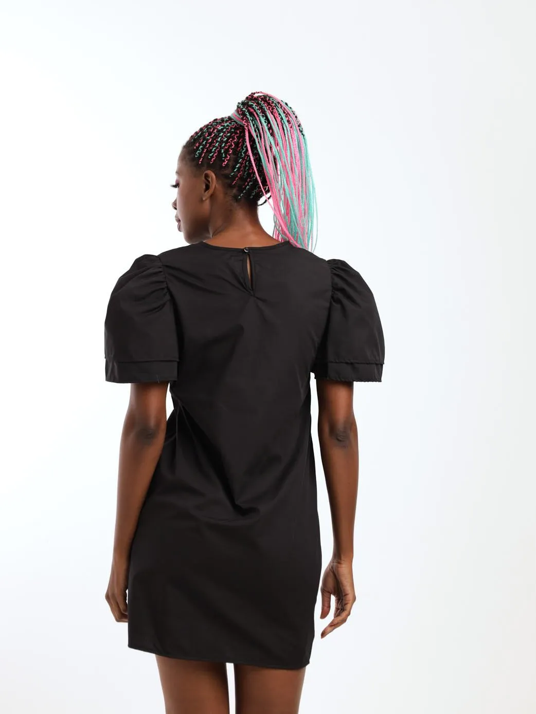 Ladies Puff Sleeve Shift Dress - Black
