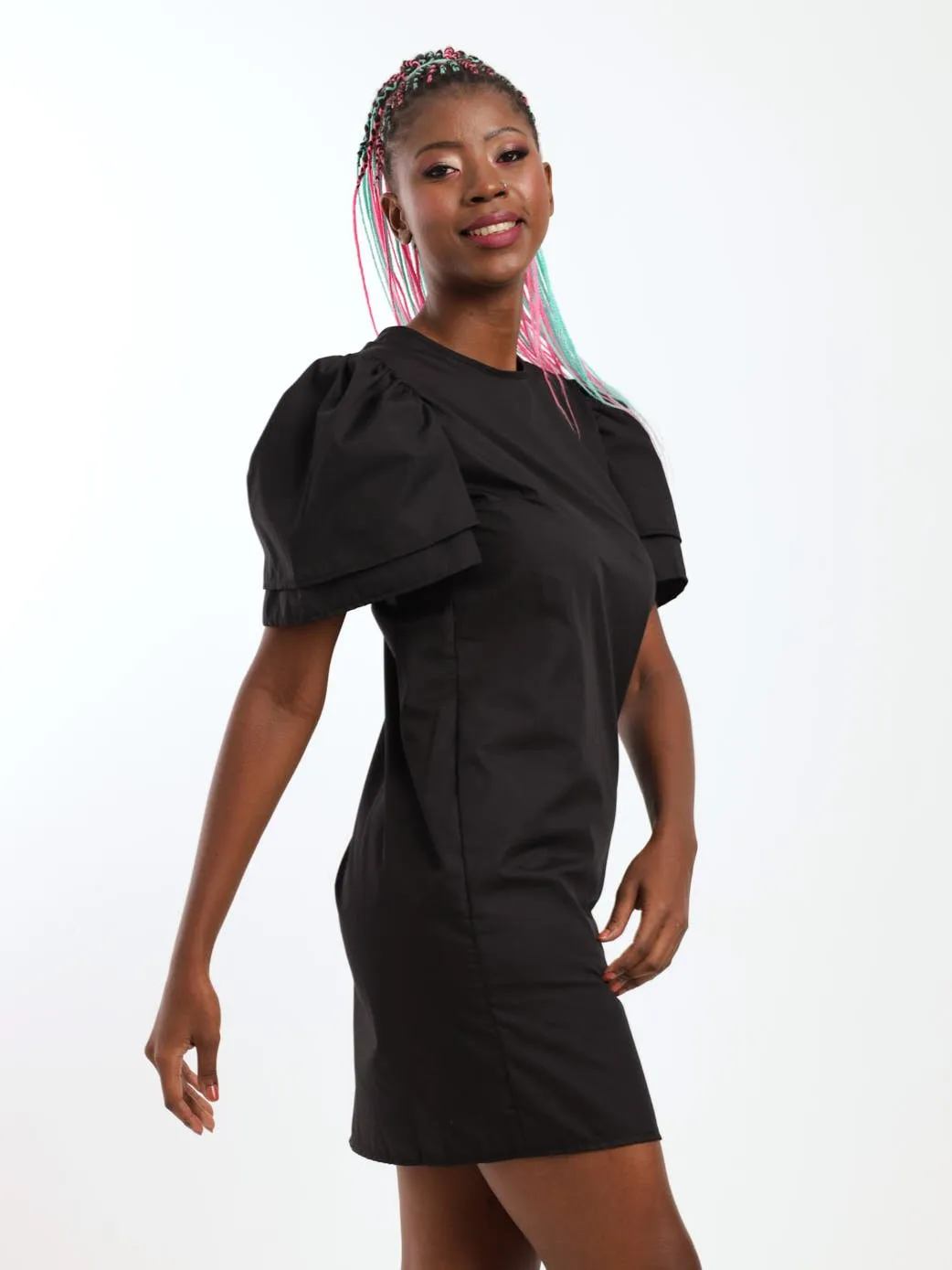 Ladies Puff Sleeve Shift Dress - Black