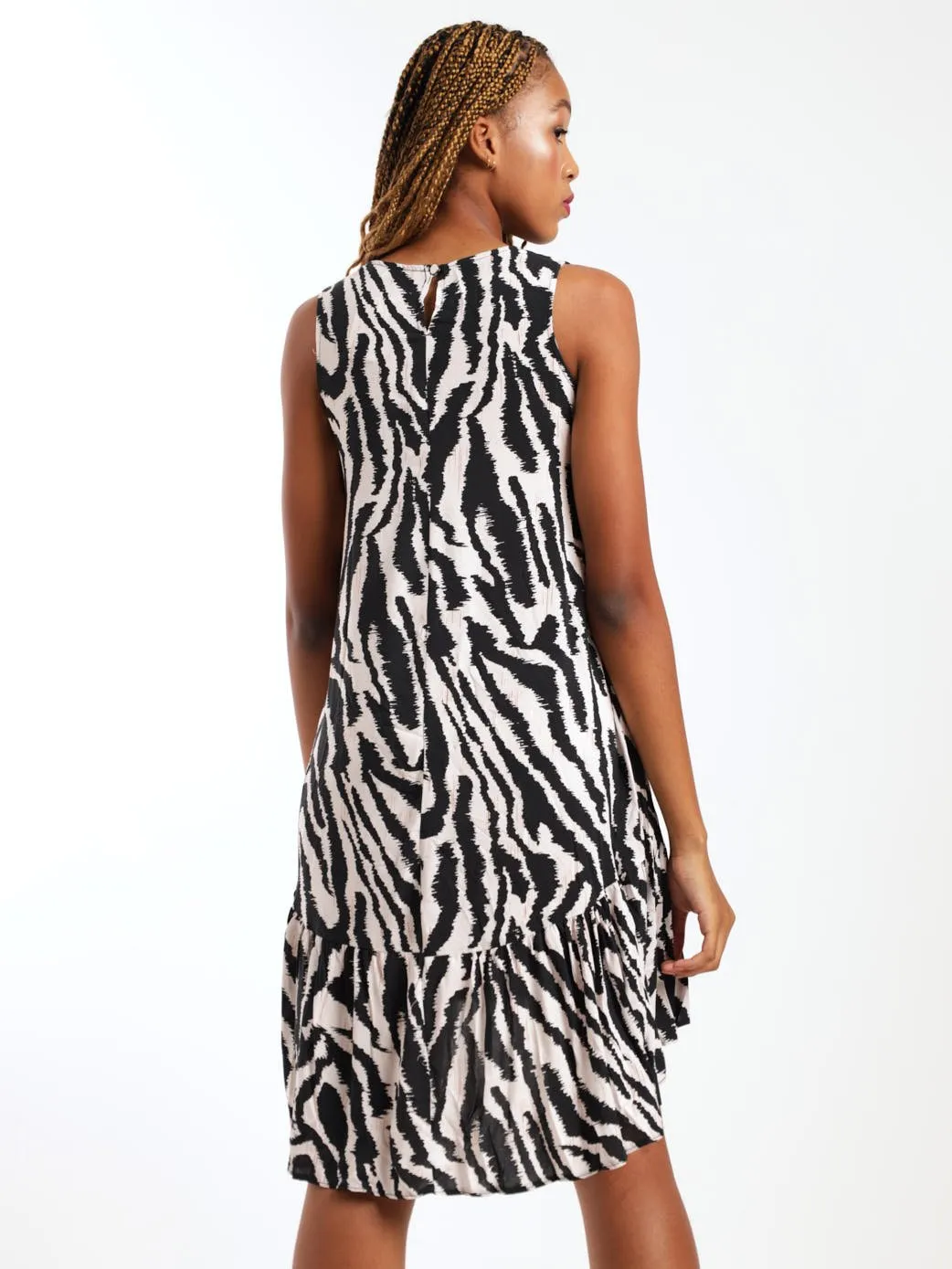Ladies Sleeveless Tier Hem Shift Dress - Black/Beige