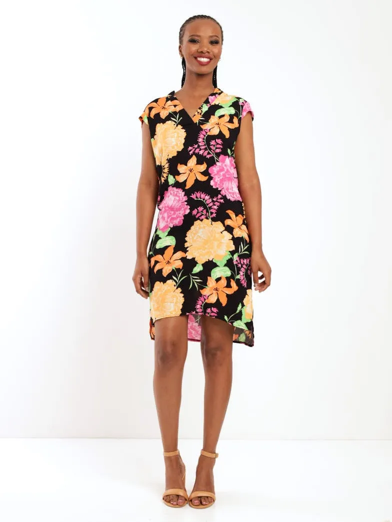 Ladies Sleeveless Woven Mandiran Colour Shift Dress - Black/Orange