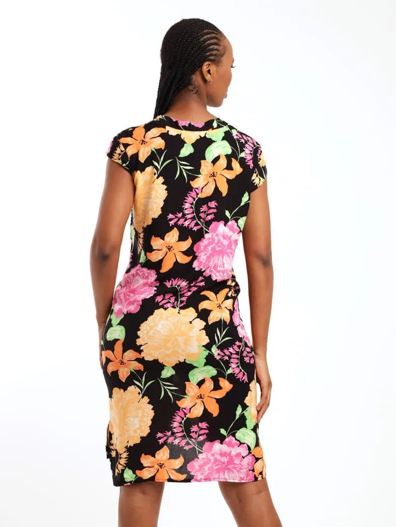 Ladies Sleeveless Woven Mandiran Colour Shift Dress - Black/Orange