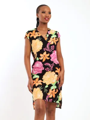 Ladies Sleeveless Woven Mandiran Colour Shift Dress - Black/Orange