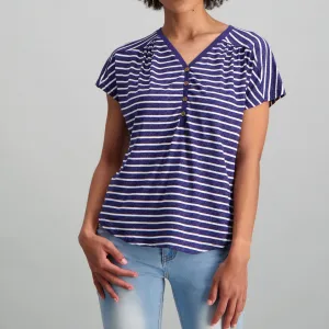 Ladies Stripe Gauged Henley T-Shirt - Navy/White