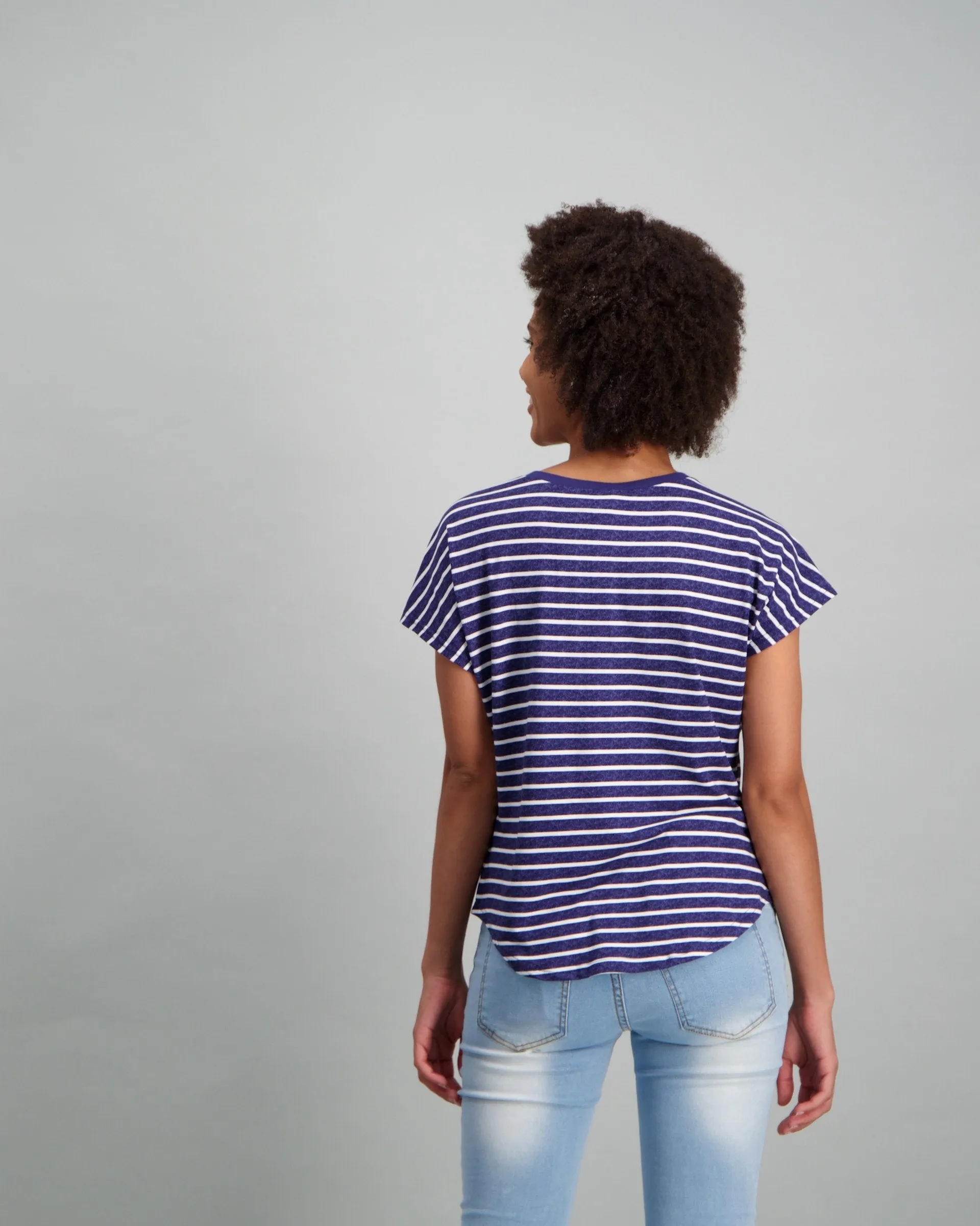 Ladies Stripe Gauged Henley T-Shirt - Navy/White