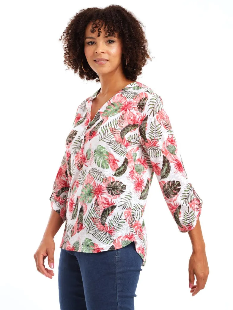 Ladies Tropical Burnout Henley Top