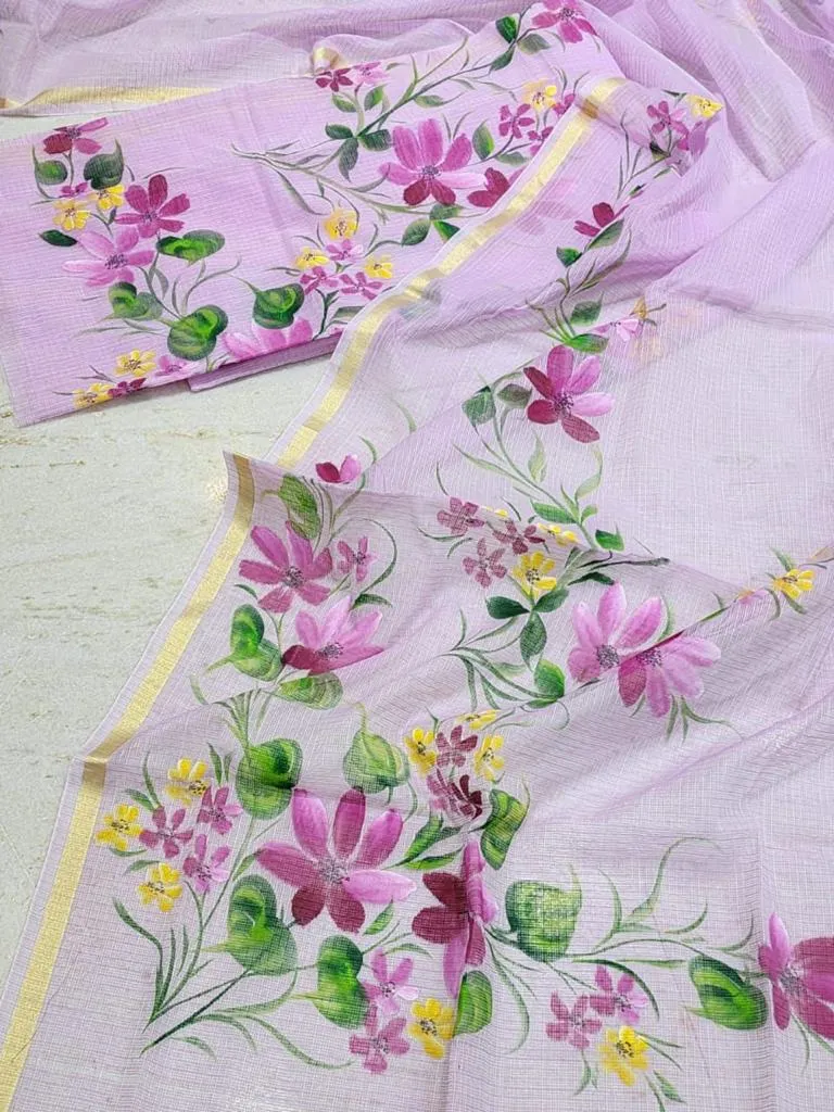 Lavender Hand Painted Cotton Kota Doria Suit With Dupatta