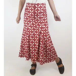 Lee Mathews preloved red 100% linen skirt with pretty white print size ) (best fits size 6-8)