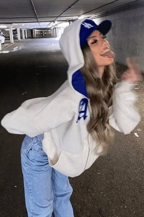 Letter embroidery Oversized Zip Up Comfy Off White Hoodie