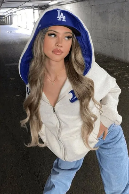 Letter embroidery Oversized Zip Up Comfy Off White Hoodie