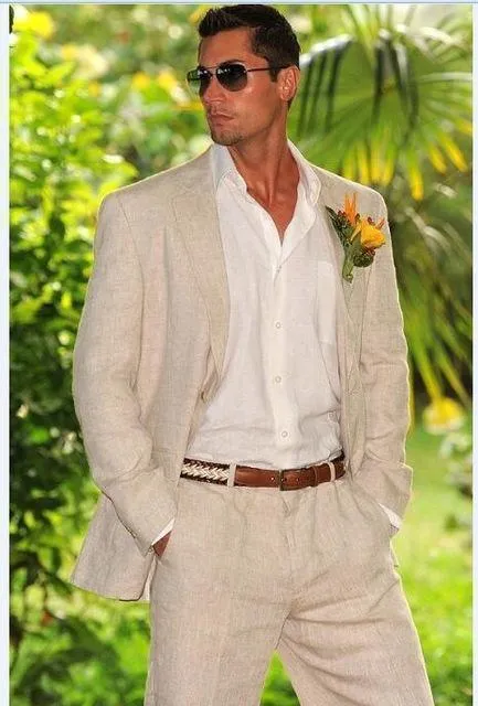 Linen Wedding Suit Plus Size 2-Piece Men's Suit Khaki