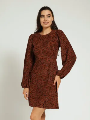 Long Sleeve Animal Corduroy Shift Mini Dress - Black/Brown