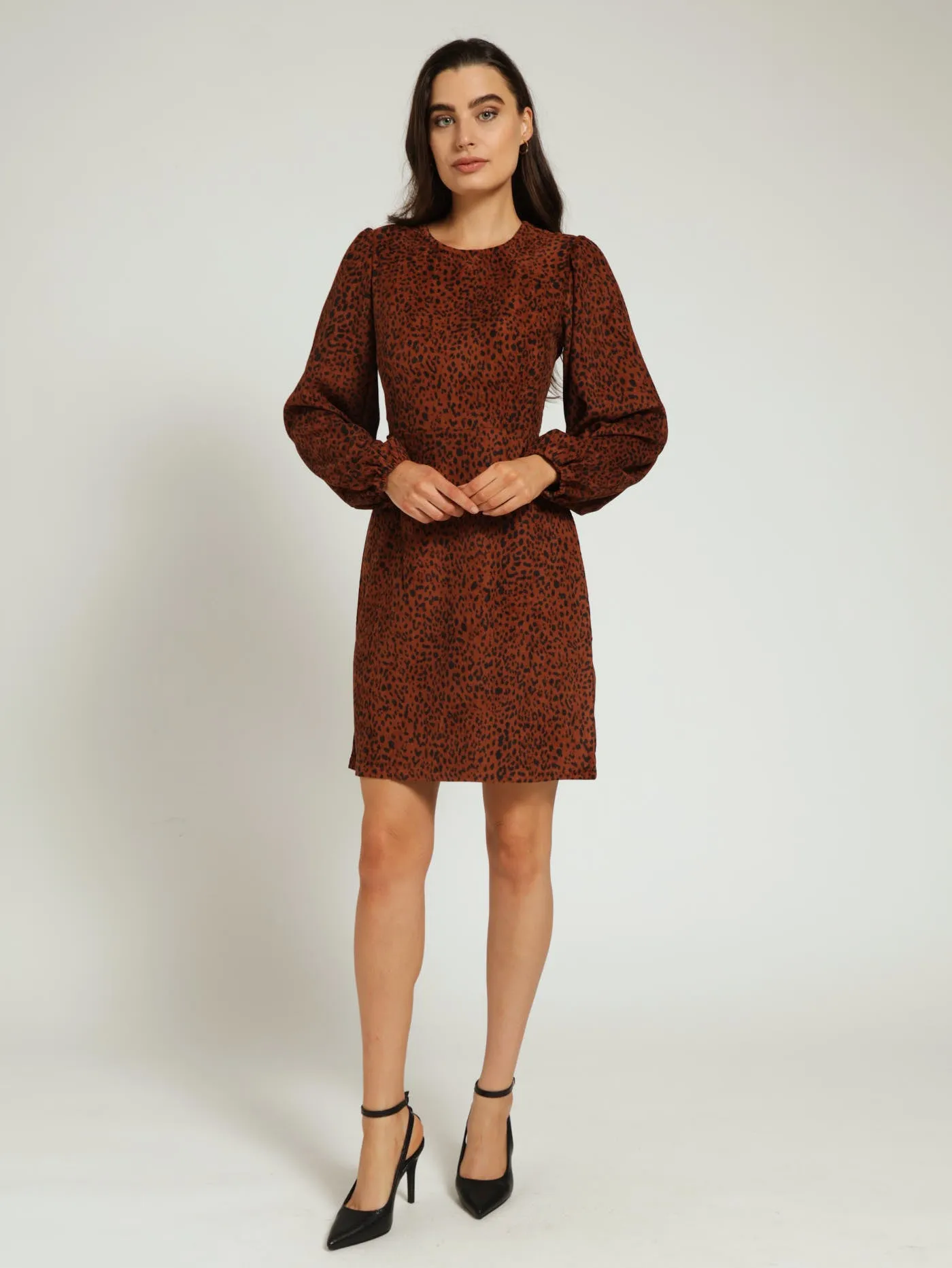Long Sleeve Animal Corduroy Shift Mini Dress - Black/Brown