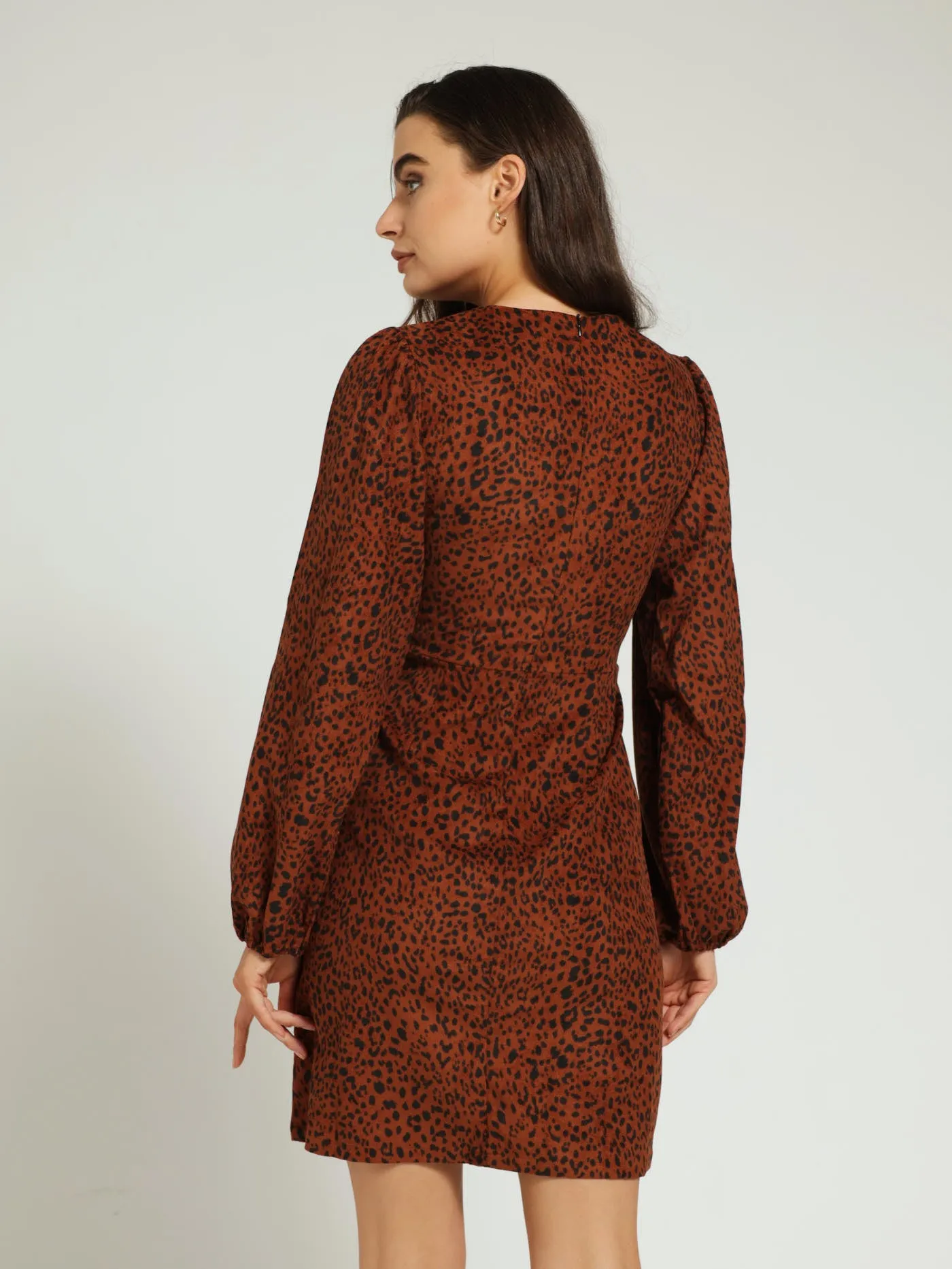 Long Sleeve Animal Corduroy Shift Mini Dress - Black/Brown