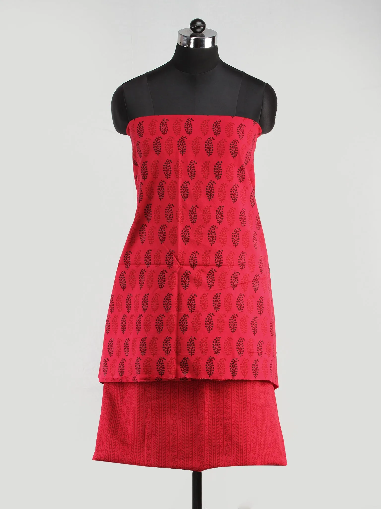 Magenta Black Red Bagh Hand Block Printed Cotton Suit-Salwar Fabric With Chiffon Dupatta (Set of 3) - SU01HB413