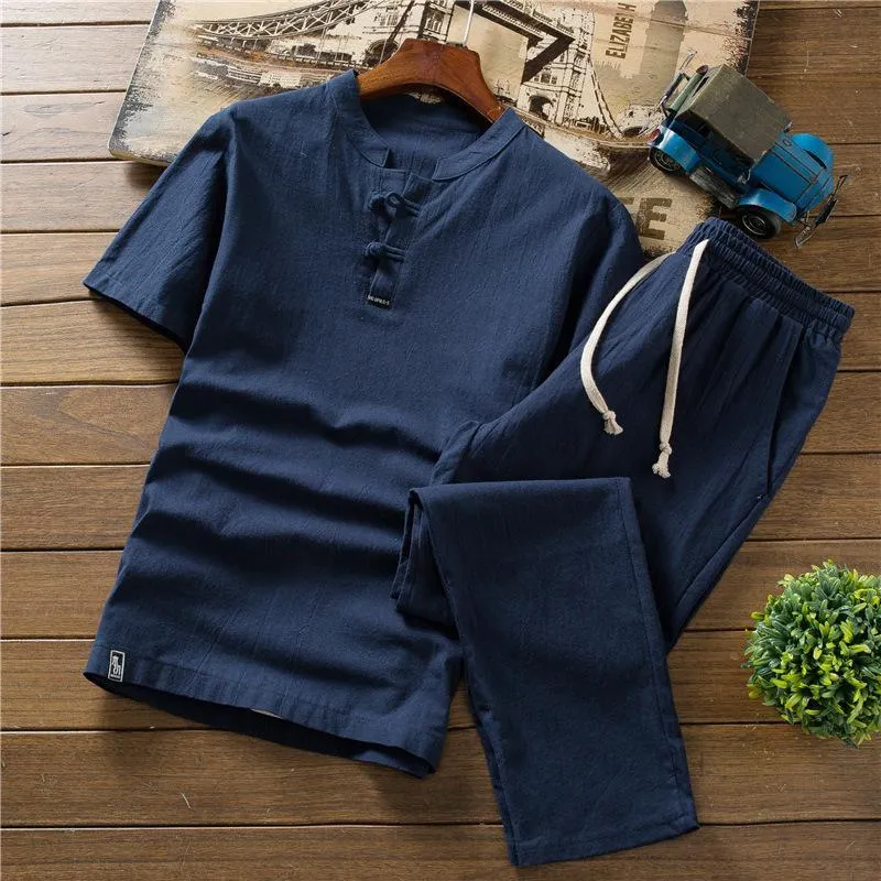 Men's Cotton Linen Short-sleeved T-shirt Shorts Summer Casual Outdoor Sports Set