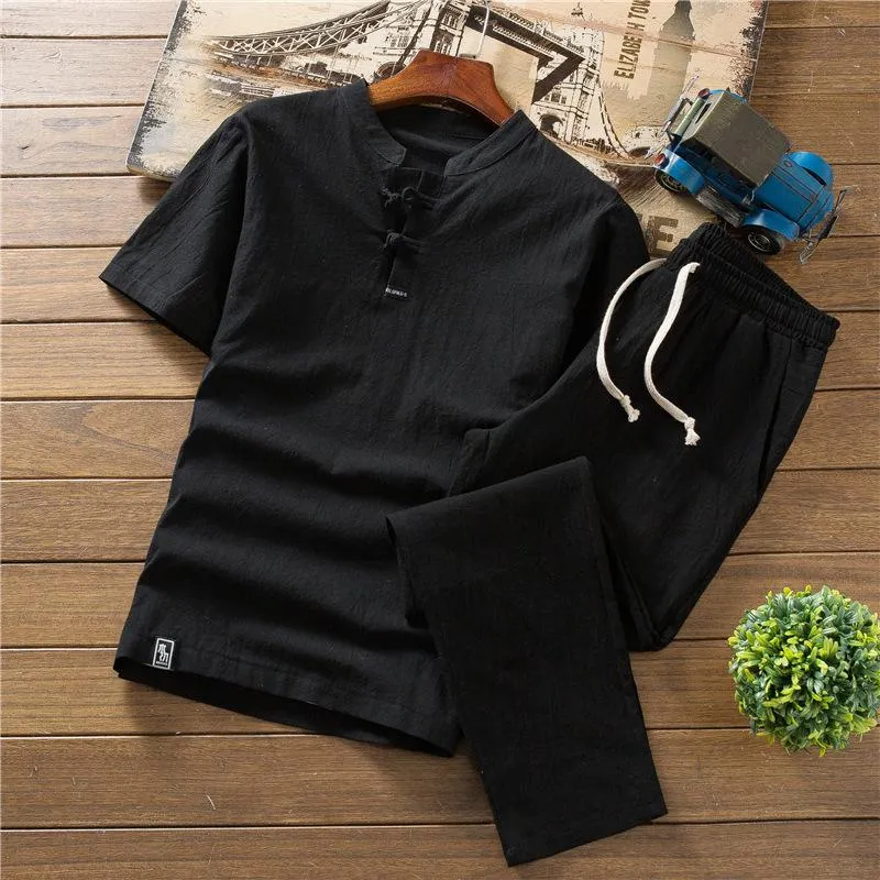 Men's Cotton Linen Short-sleeved T-shirt Shorts Summer Casual Outdoor Sports Set