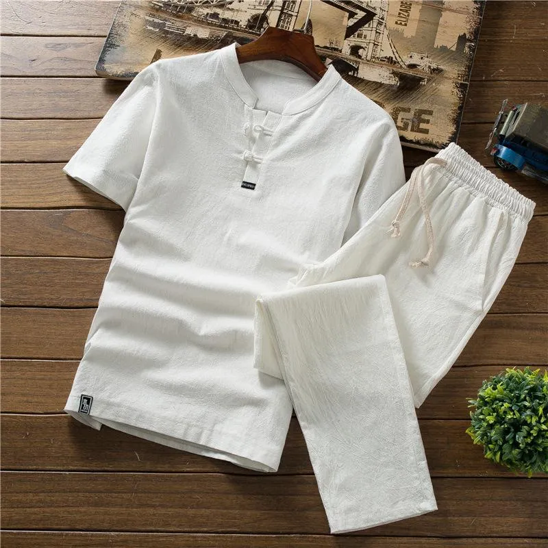 Men's Cotton Linen Short-sleeved T-shirt Shorts Summer Casual Outdoor Sports Set
