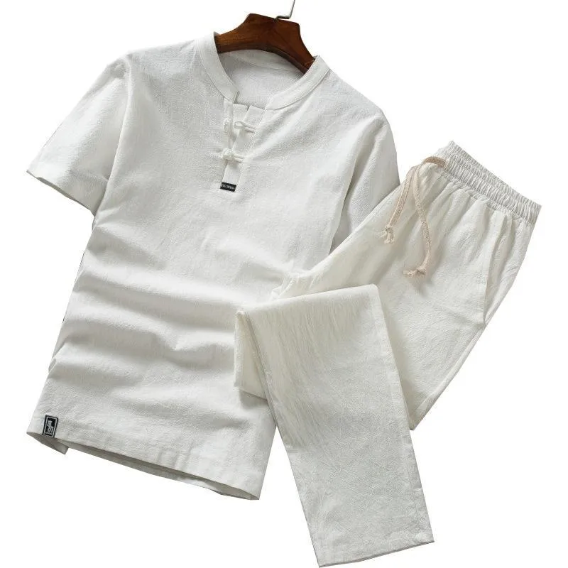 Men's Cotton Linen Short-sleeved T-shirt Shorts Summer Casual Outdoor Sports Set