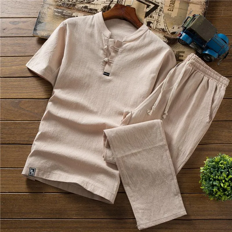 Men's Cotton Linen Short-sleeved T-shirt Shorts Summer Casual Outdoor Sports Set