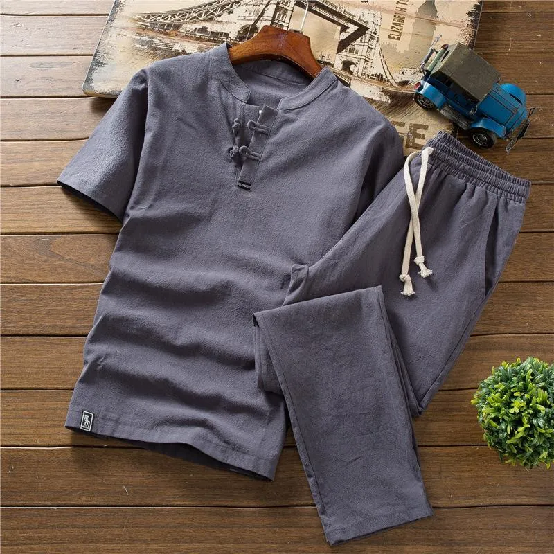 Men's Cotton Linen Short-sleeved T-shirt Shorts Summer Casual Outdoor Sports Set