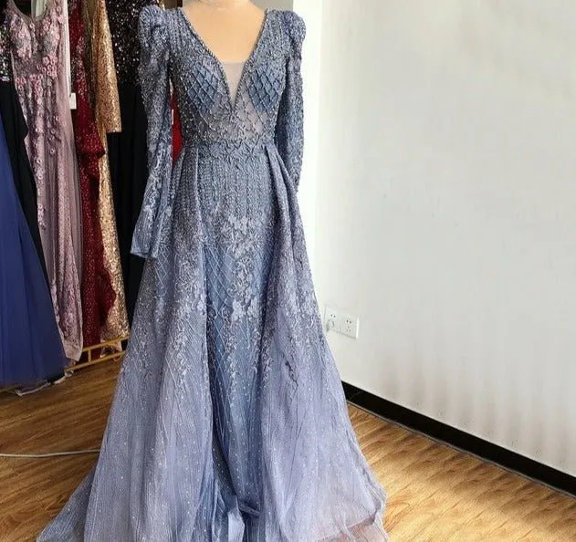 Mermaid V-Neck Long Sleeves Beading Crystal Formal Dress