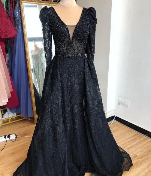 Mermaid V-Neck Long Sleeves Beading Crystal Formal Dress