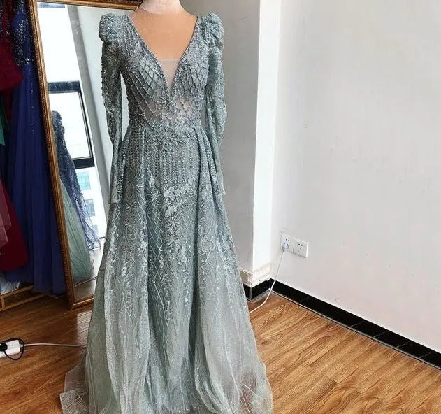 Mermaid V-Neck Long Sleeves Beading Crystal Formal Dress