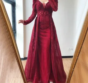 Mermaid V-Neck Long Sleeves Beading Crystal Formal Dress