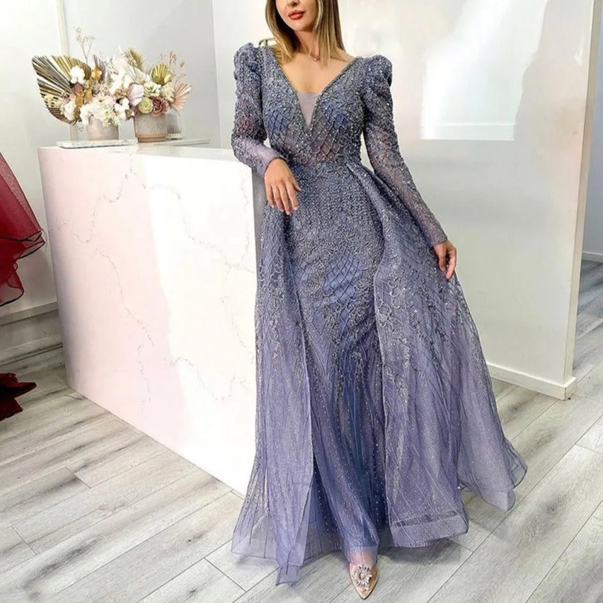 Mermaid V-Neck Long Sleeves Beading Crystal Formal Dress