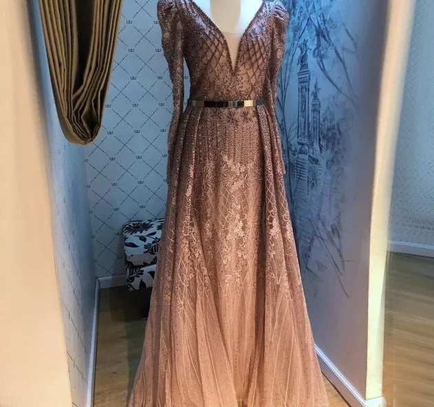 Mermaid V-Neck Long Sleeves Beading Crystal Formal Dress