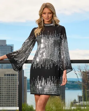 Metallic Embellished Mock Neck Shift Dress Black