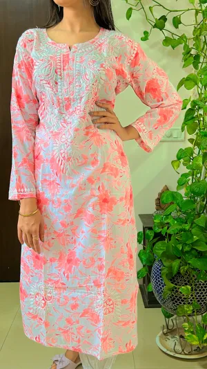 Mul mul cotton chikankari kurti in orange floral