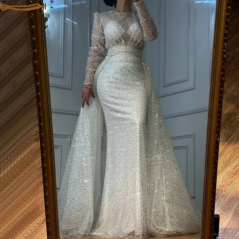Muslim Ivory With Train Wedding Dresses Beading