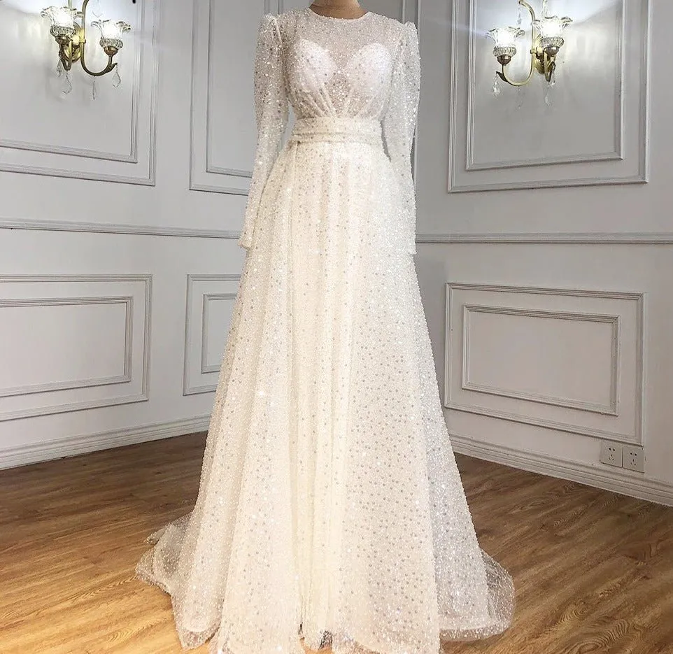 Muslim Ivory With Train Wedding Dresses Beading