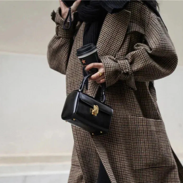 Natalia Puffed Sleeve Long Plaid Woolen Coat