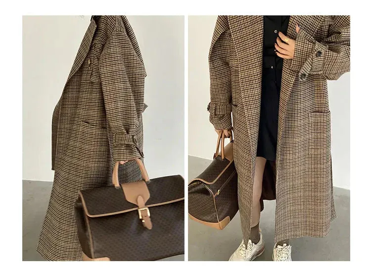 Natalia Puffed Sleeve Long Plaid Woolen Coat
