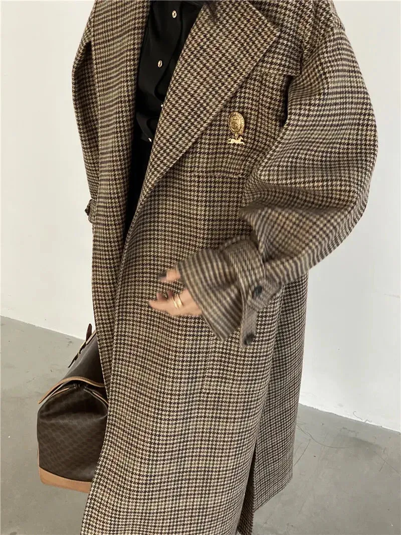 Natalia Puffed Sleeve Long Plaid Woolen Coat