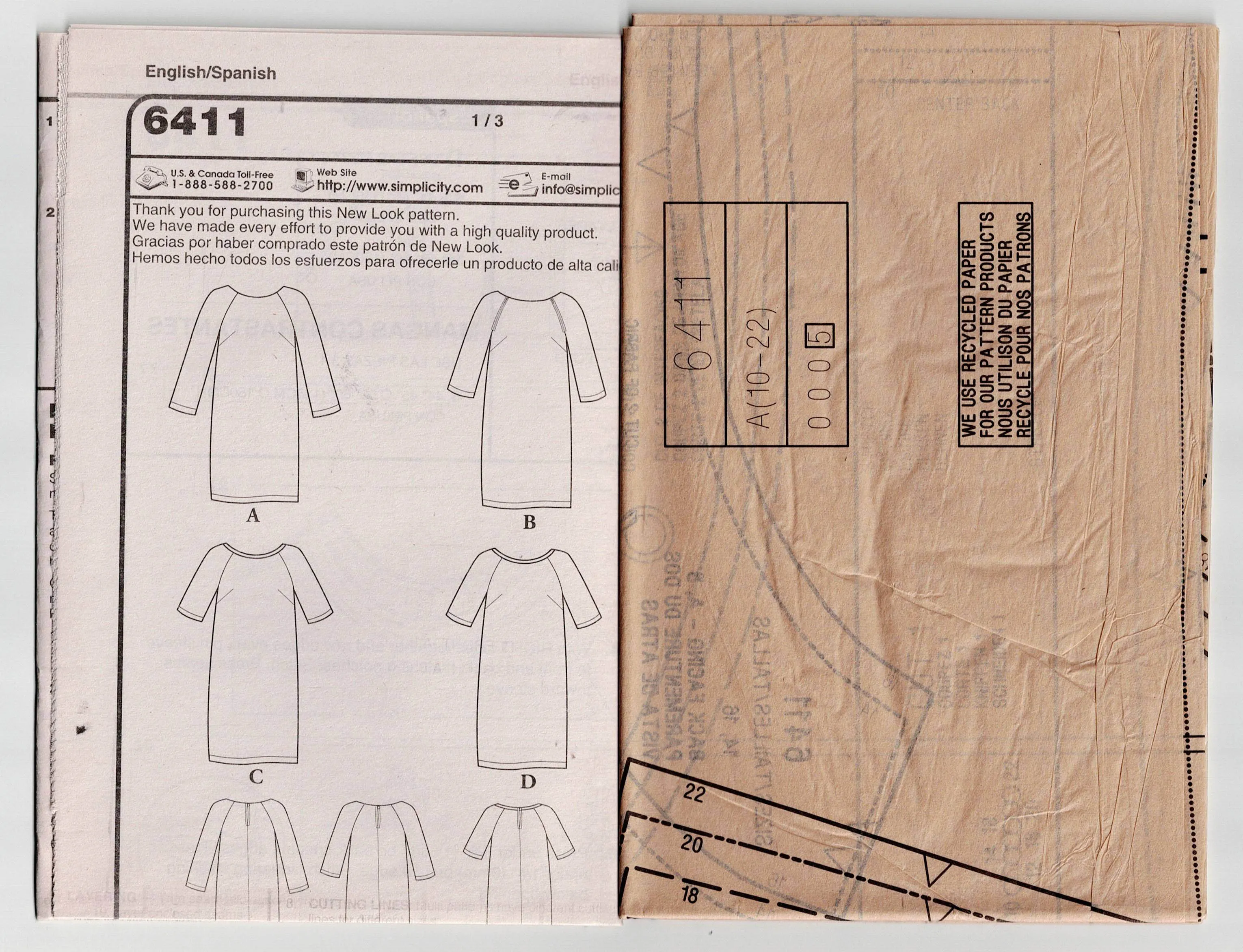New Look 6411 Womens EASY Raglan Sleeved Shift Dresses Out Of Print Sewing Pattern Size 10 - 22 UNCUT Factory Folded