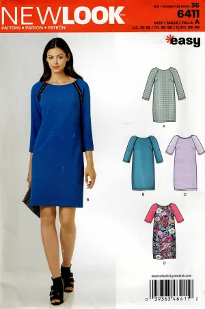New Look 6411 Womens EASY Raglan Sleeved Shift Dresses Out Of Print Sewing Pattern Size 10 - 22 UNCUT Factory Folded