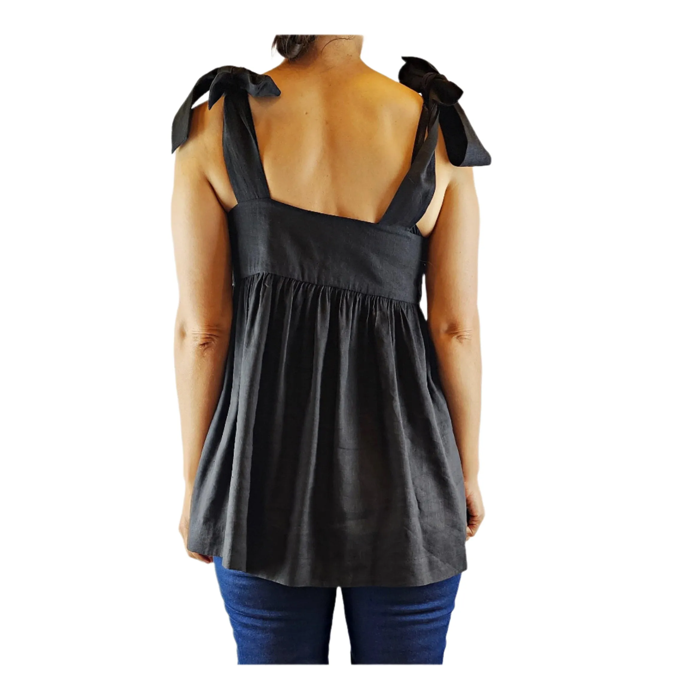 Obus preloved black linen-viscose adjustable sleeveless top size 0 (best fits sizes 6-8)