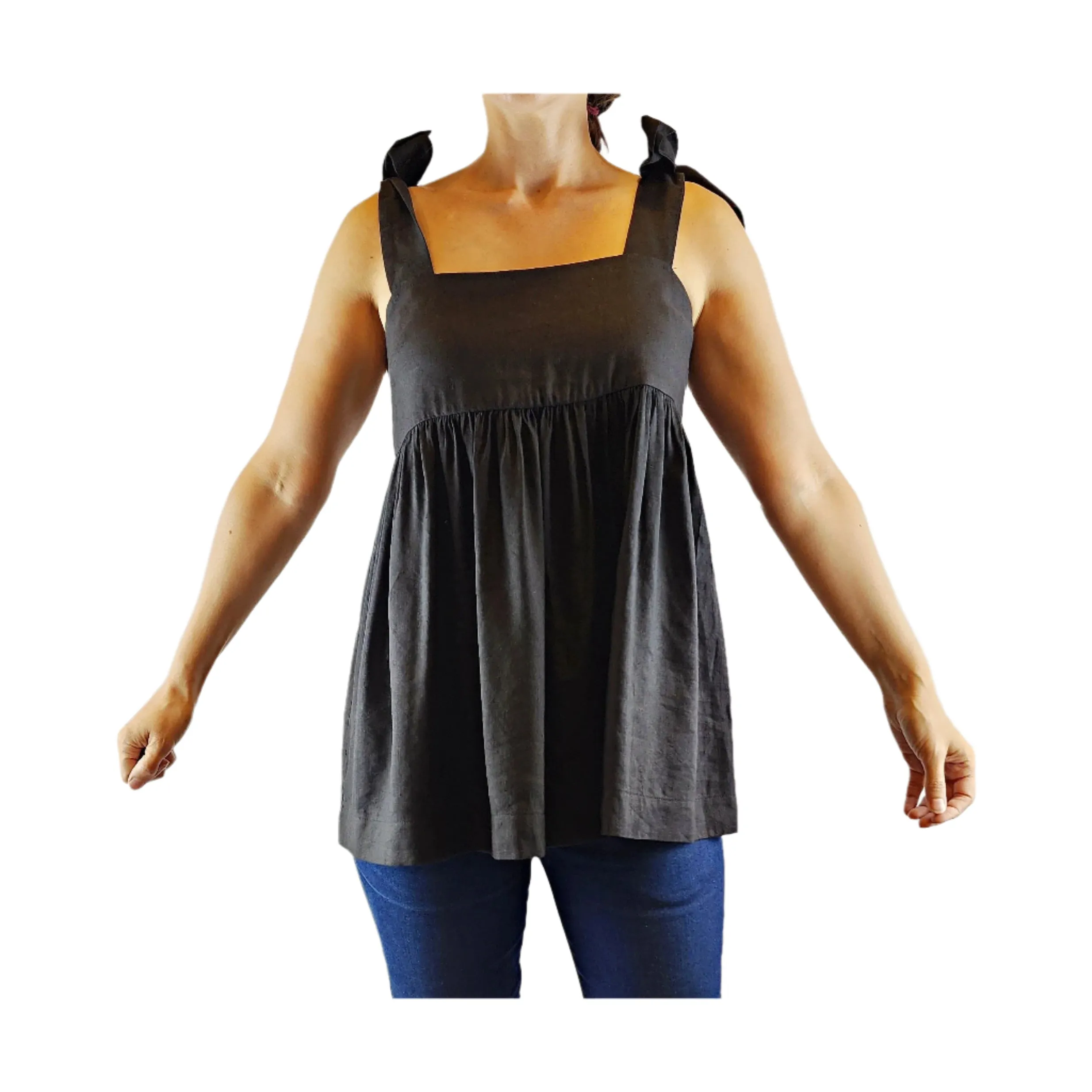 Obus preloved black linen-viscose adjustable sleeveless top size 0 (best fits sizes 6-8)