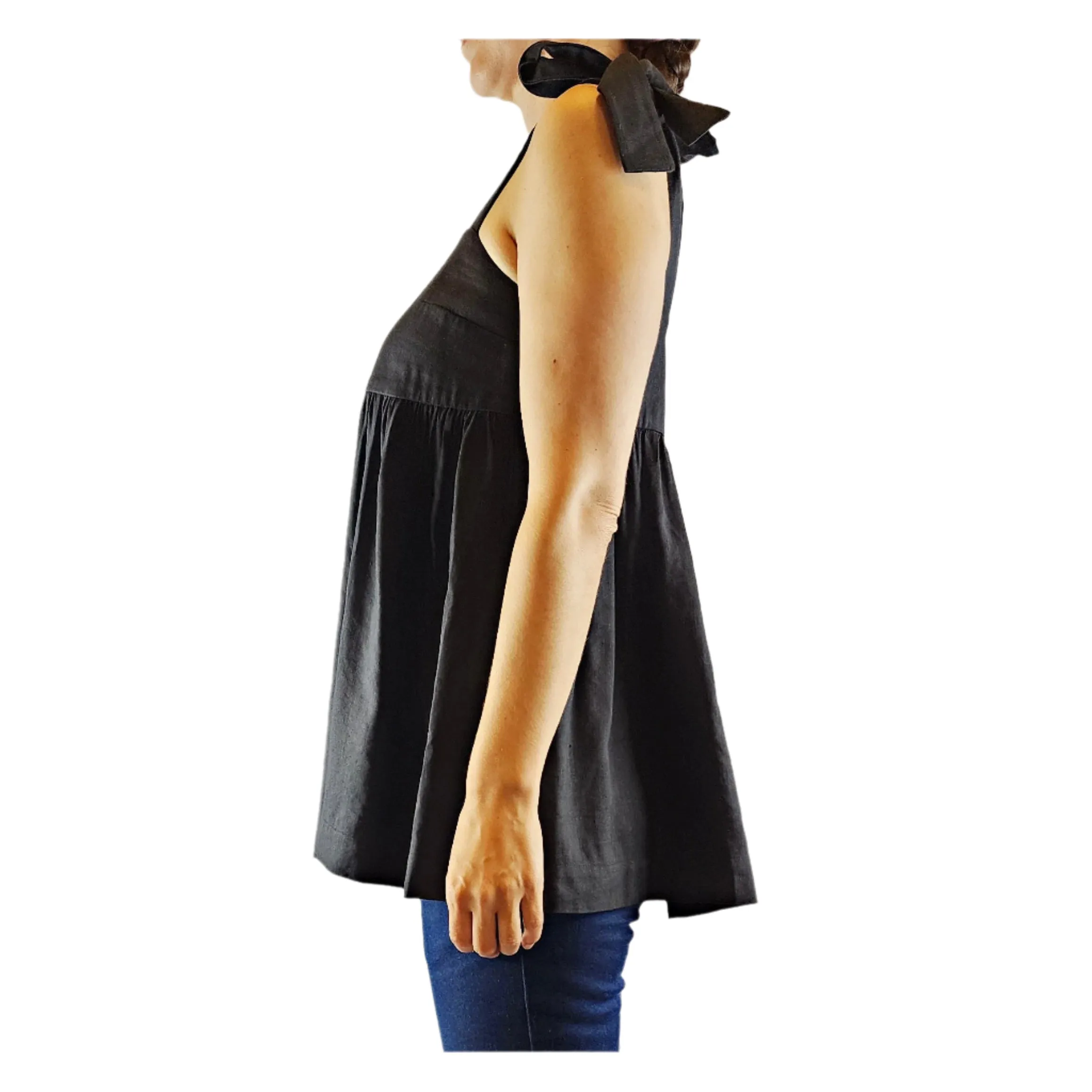 Obus preloved black linen-viscose adjustable sleeveless top size 0 (best fits sizes 6-8)